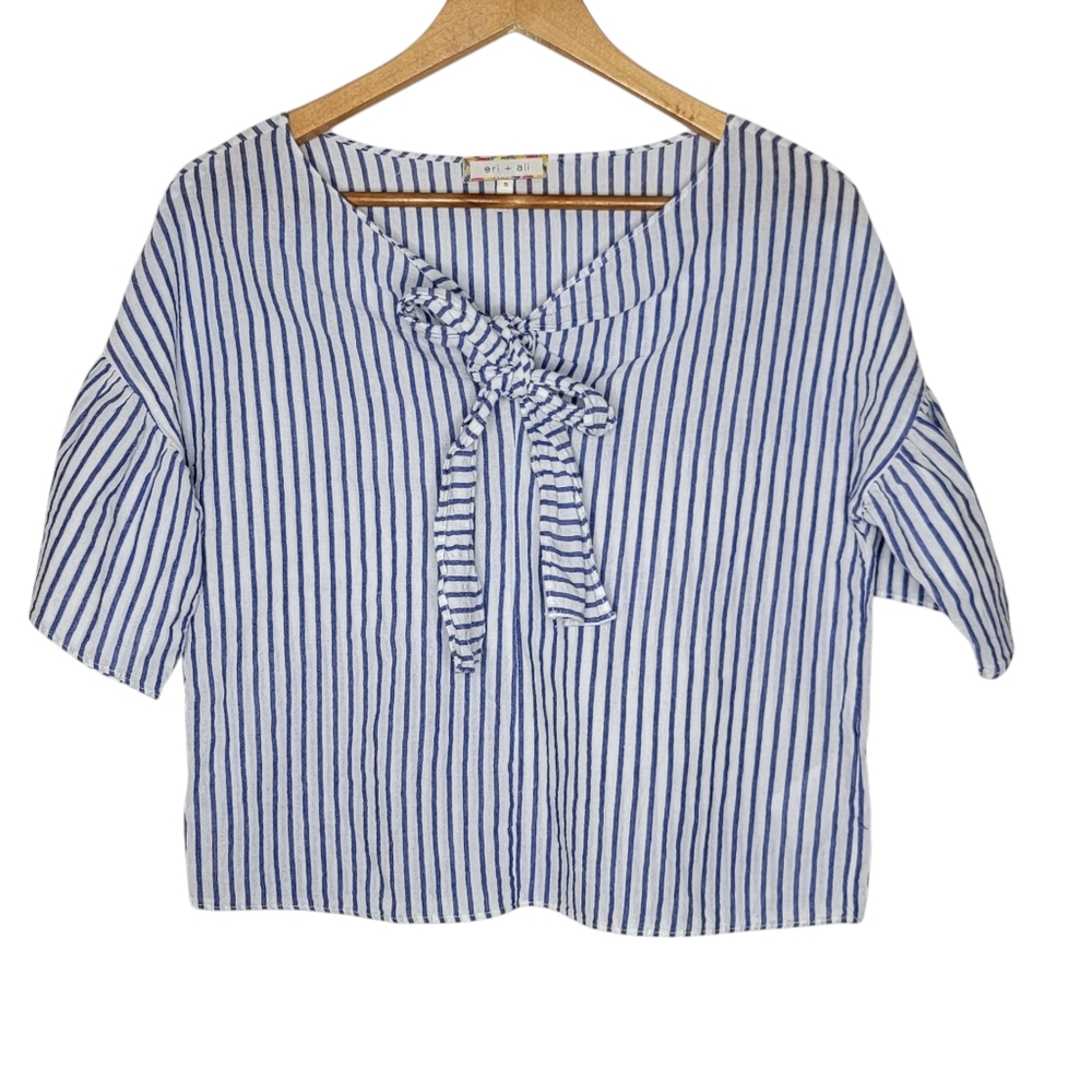 Anthropologie‎ Eri + Ali Tie Front V-Neck Blue / White Striped Women's Top Small
